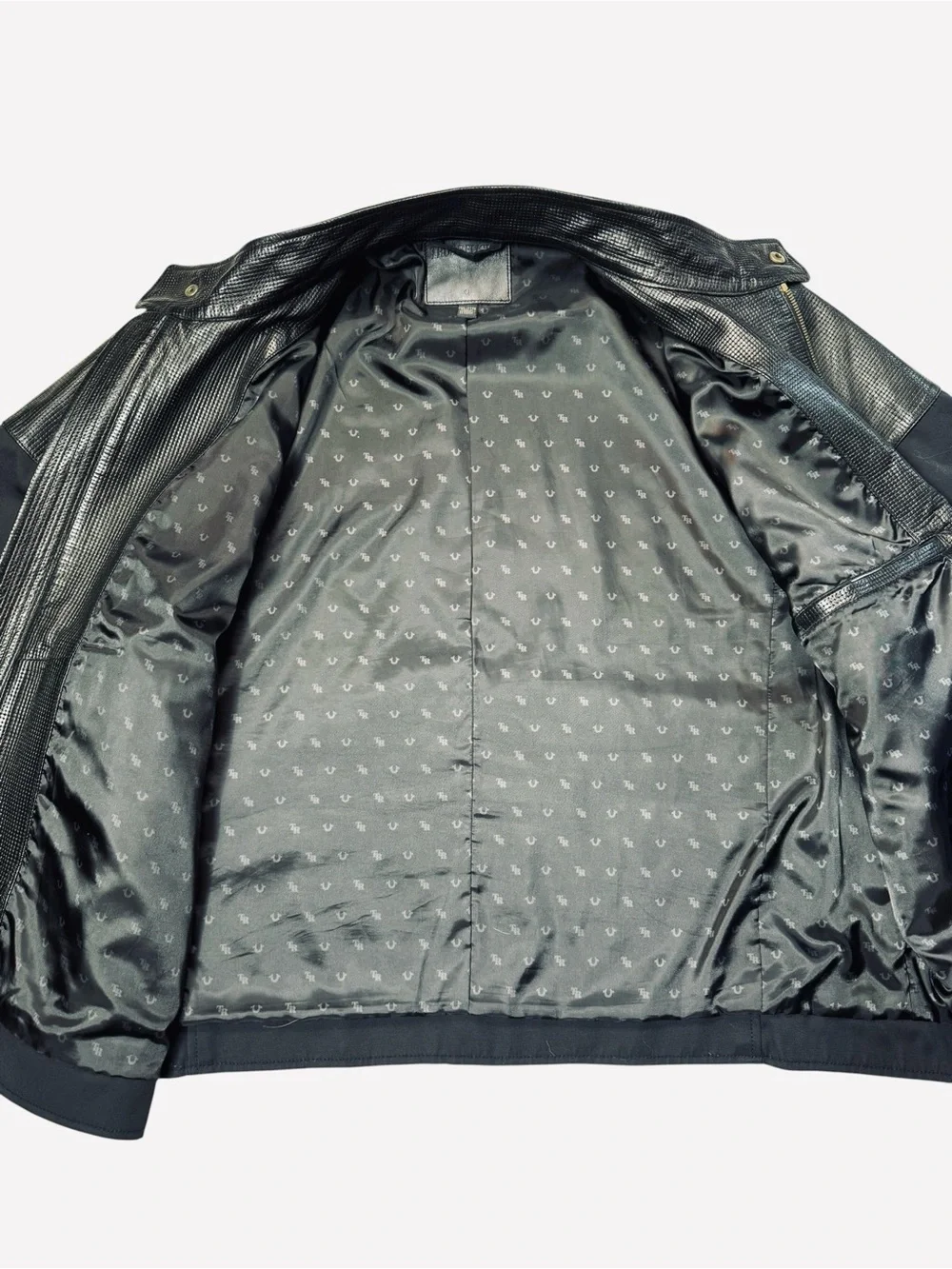 True Religion Black Bomber Mix Media Cotton Leather Jacket Size 3XL